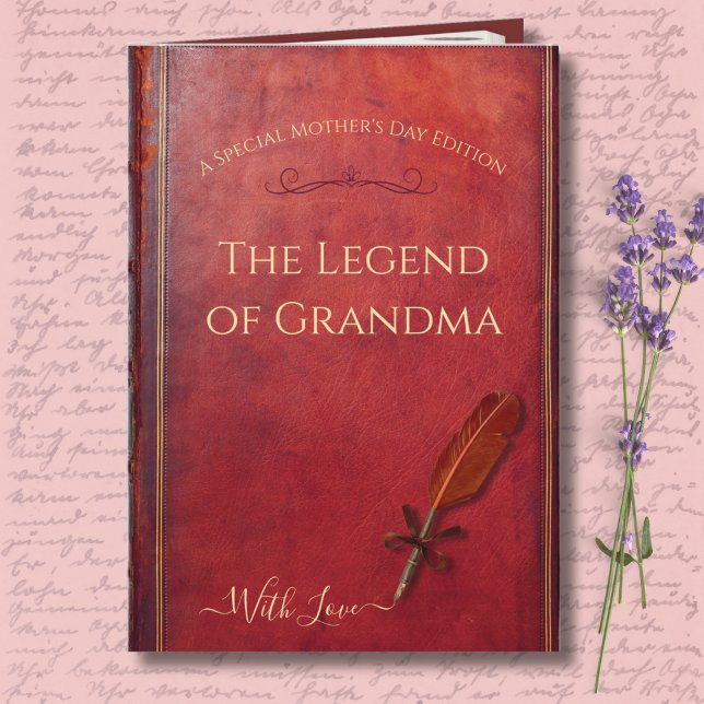 Unique Storybook Grandma Photo Mother's Day Card (Elegant vintage red leather look with gold-tone typography and a classic quill design)