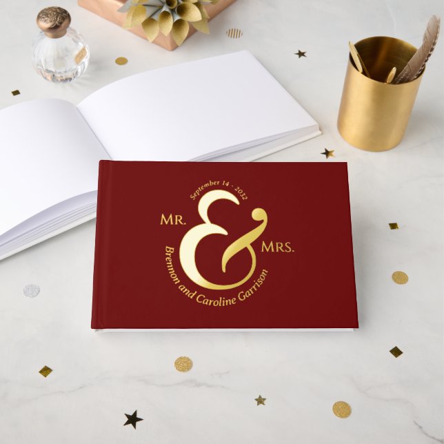 Unique Stylish Bride Groom Names Gold Guest Book (Front Open)