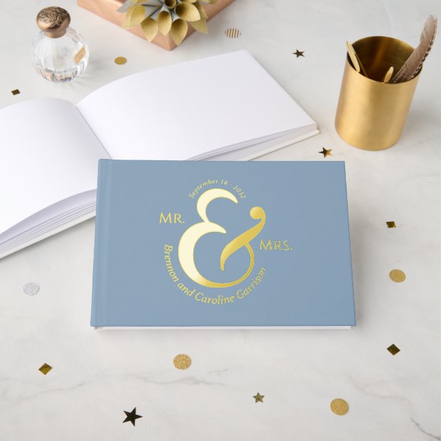Unique Stylish Bride Groom Names Gold Guest Book (Front Open)