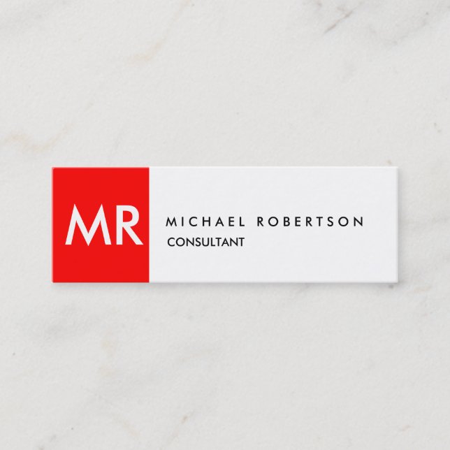 Unique stylish monogram red white modern mini business card (Front)
