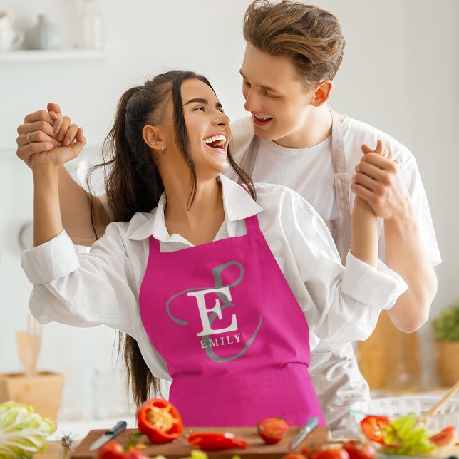 Unique Stylish Monogram Typography Hot Pink Apron (Personalize with your name and monogram initial.)