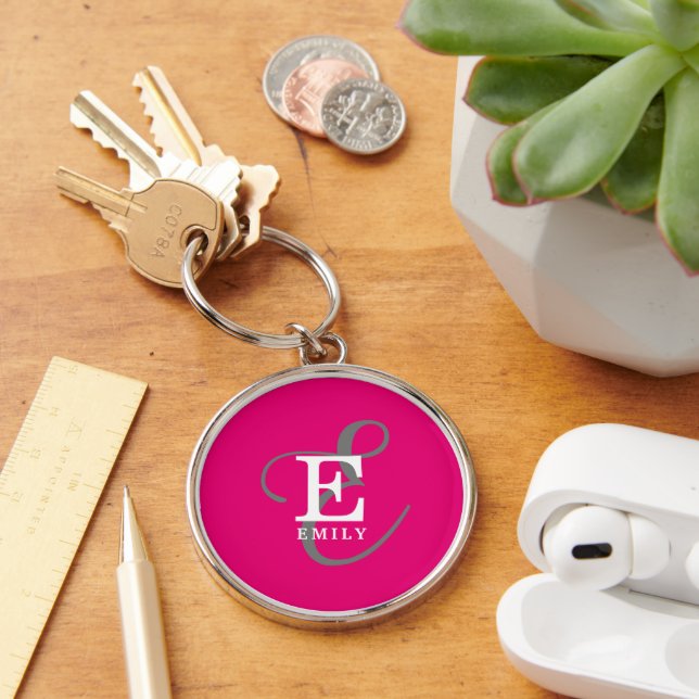 Unique Stylish Monogram Typography Hot Pink Key Ring (Desk)