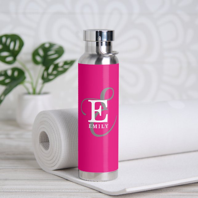 Unique Stylish Monogram Typography Hot Pink Water Bottle (Yoga)