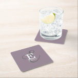 Unique Stylish Name and Monogram Typography Purple Square Paper Coaster<br><div class="desc">It's all about you with this beautiful paper coaster. It has an elegant stylish representation of your name and monogram with classic serifs and a more ornate script typography in a balanced symmetry. The three elements blend together with a sophisticated harmony and create your own personal branding logo. Shown here...</div>