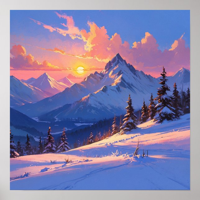 Unique Sunset Mountain Landscape Painting Poster (Front)