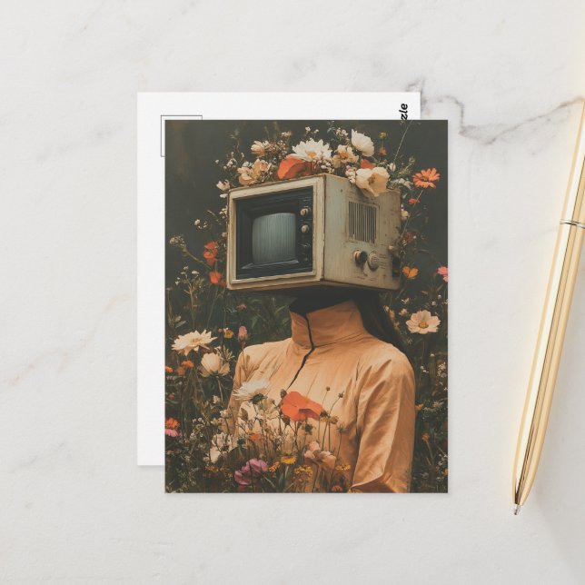 Unique Surreal Woman with TV head and flowers  Postcard (Front/Back In Situ)