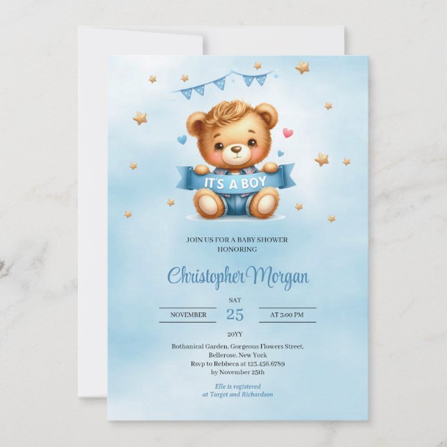Unique teddy bear it's a boy baby shower invitation (Front)