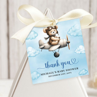 Unique Teddy Bear Pilot Airplane Blue Brown Baby Favour Tags