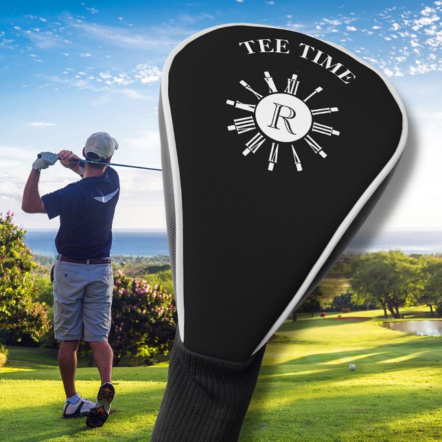 Unique Tee Time Clock Monogram Black White Golf Head Cover (Creator Uploaded)
