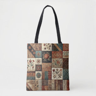 Unique Terracotta Quilt & Patchwork Rustic Retro Tote Bag
