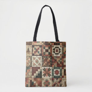 Unique Terracotta Quilt & Patchwork Rustic Retro Tote Bag