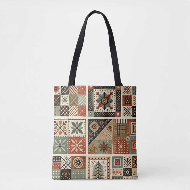 Unique Terracotta Quilt & Patchwork Rustic Retro  Tote Bag (Front)