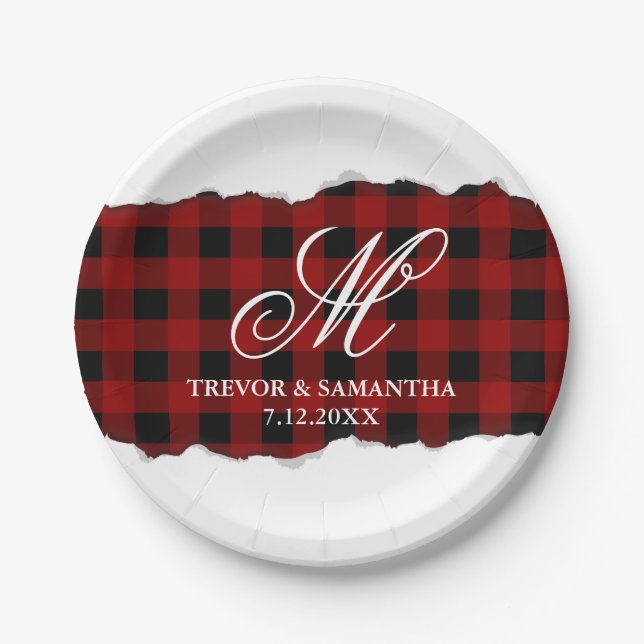Unique Torn Out Look Buffalo Check Gingham Wedding Paper Plate (Front)