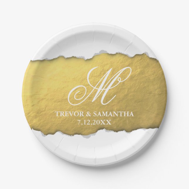 Unique Torn Out Look Faux Gold Foil Wedding Paper Plate (Front)