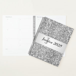 Unique Trendy Glitter Glam Silver Girly Monogram Planner