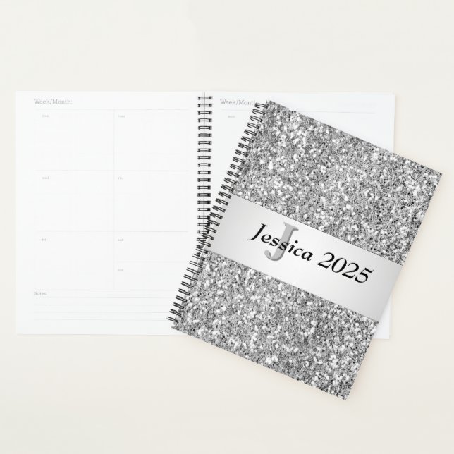 Unique Trendy Glitter Glam Silver Girly Monogram  Planner (Display)