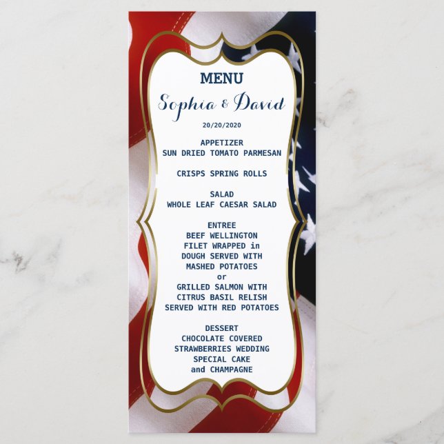 Unique, trendy USA flag Wedding Menu Custom (Front)