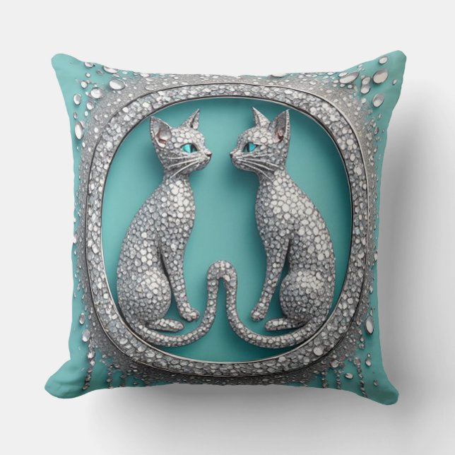 Unique Twin Crystal Cat Ornament Jewelry Sculpture Cushion (Front)