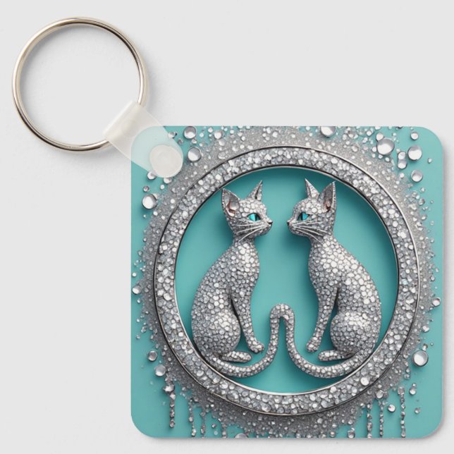 Unique Twin Crystal Cat Ornament Jewelry Sculpture Key Ring (Front)