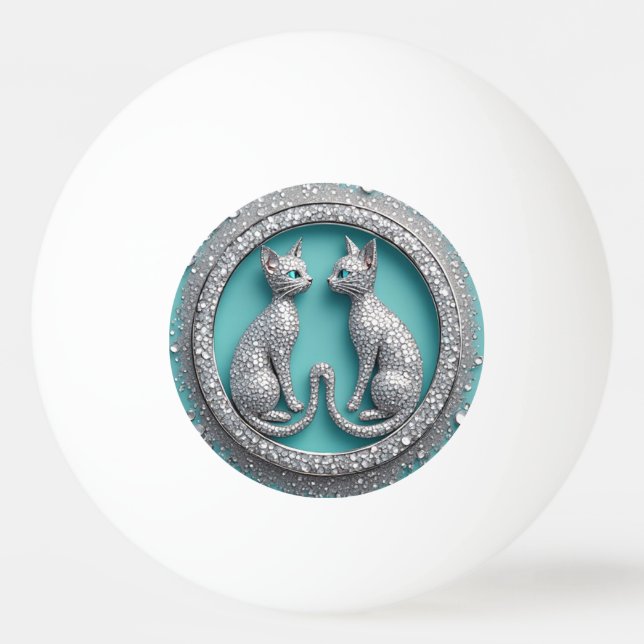 Unique Twin Crystal Cat Ornament Jewelry Sculpture Ping Pong Ball (Front)