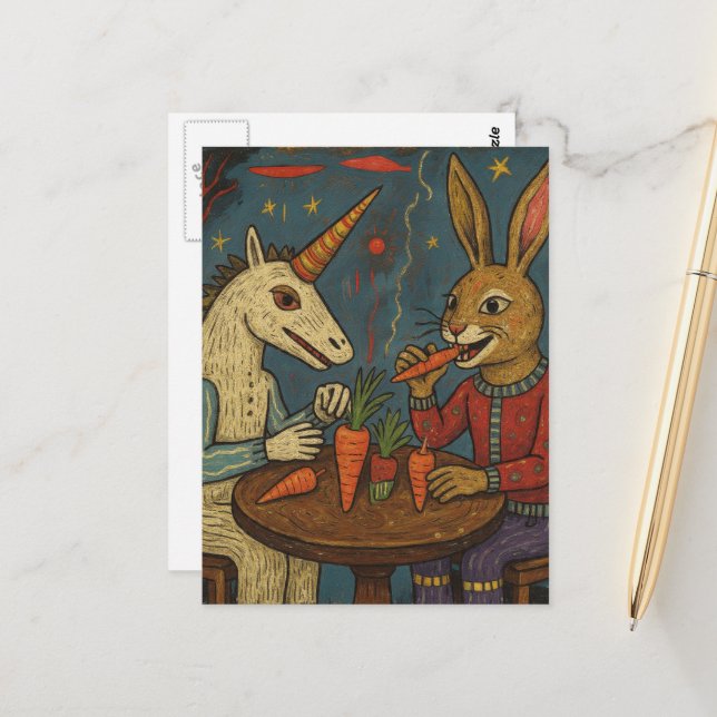 Unique Unicorn and Rabbit Eating Carrots Surreal Postcard (Front/Back In Situ)