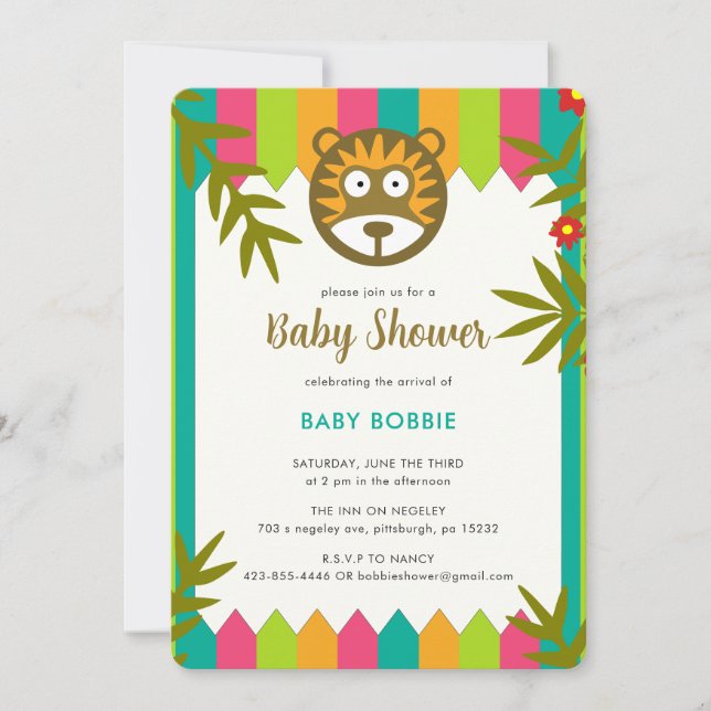 Unique Vibrant Jungle-Theme Lion Baby Shower Party Invitation (Front)