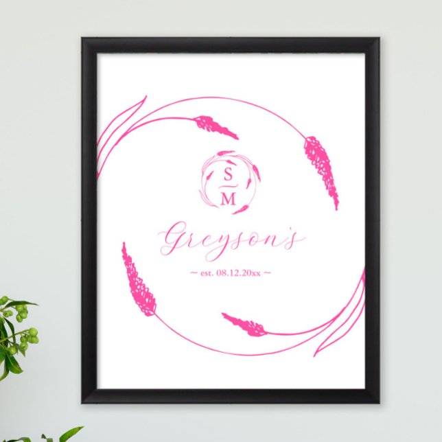 Unique Vibrant Pink Wedding Sign and Keepsake (Pink wedding theme ideas features unique floral line art by Victoria Grigaliunas of Do Tell A Belle)