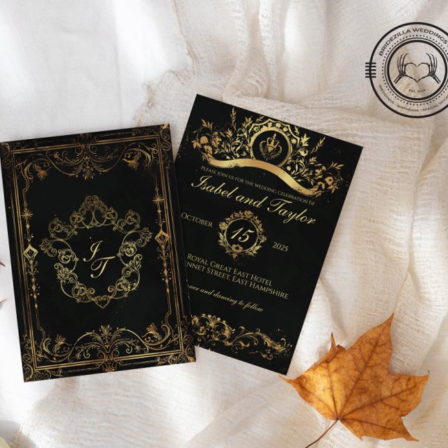 Unique Vintage Gothic Wedding Invitations (Vintage Victorian-Gothic style wedding invitation with back and front side on a fabric background)