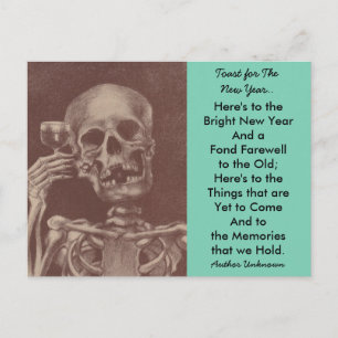 Unique vintage happy skeleton toasting New Year's Holiday Postcard