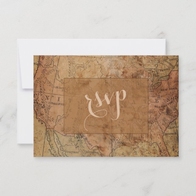 Unique Vintage Map Destination Wedding RSVP Card (Front)