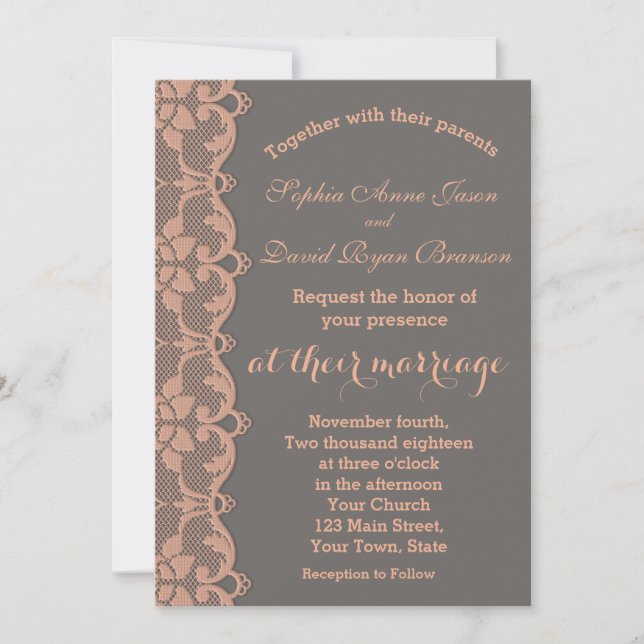 Unique Vintage Peach Grey Lace Wedding Invitation (Front)