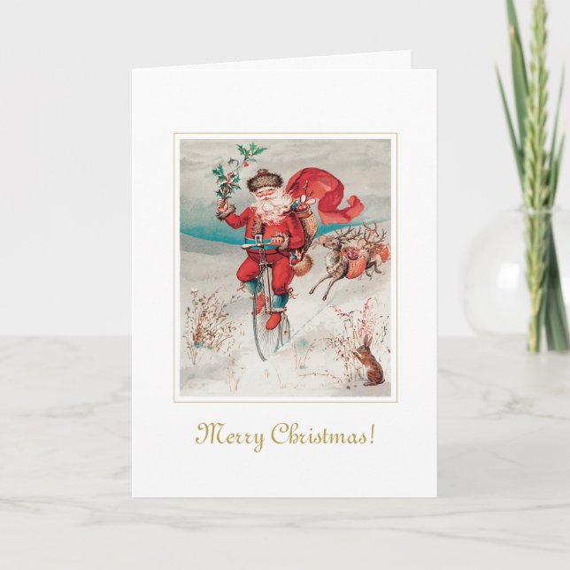 Unique Vintage Santa On Bicycle Christmas Art  Card (Front)
