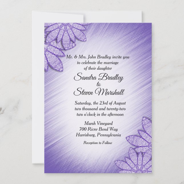 Unique Violet Hue Floral Accent Wedding Invitation (Front)