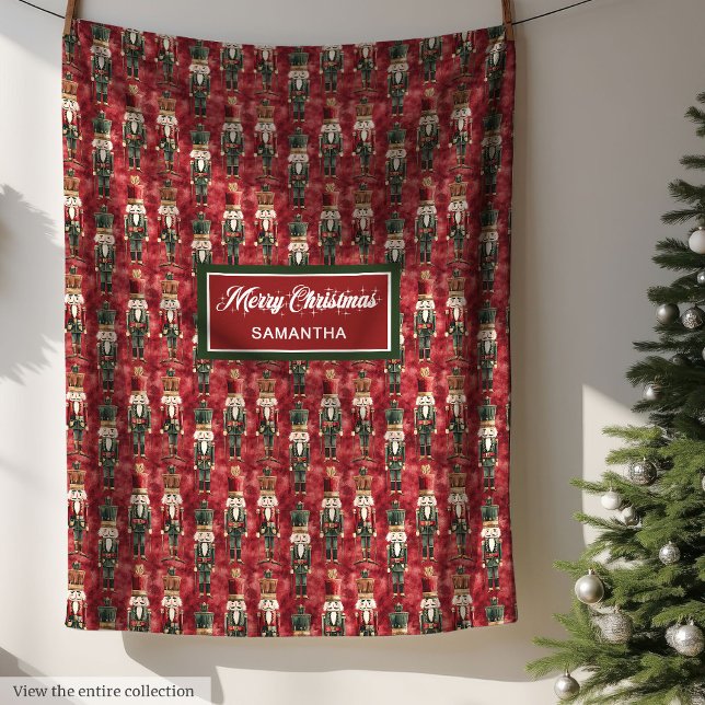 Unique Watercolor Christmas Nutcrackers Deep Red Fleece Blanket (Personalized watercolor deep red Christmas blanket)