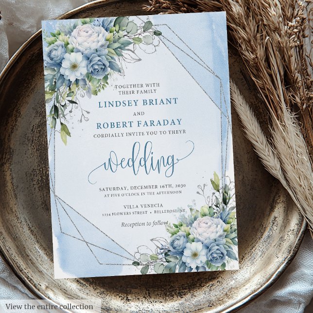 Unique Watercolor Dusty Blue White Silver Floral Invitation (Unique Watercolor Dusty Blue White Silver Floral Invitation )