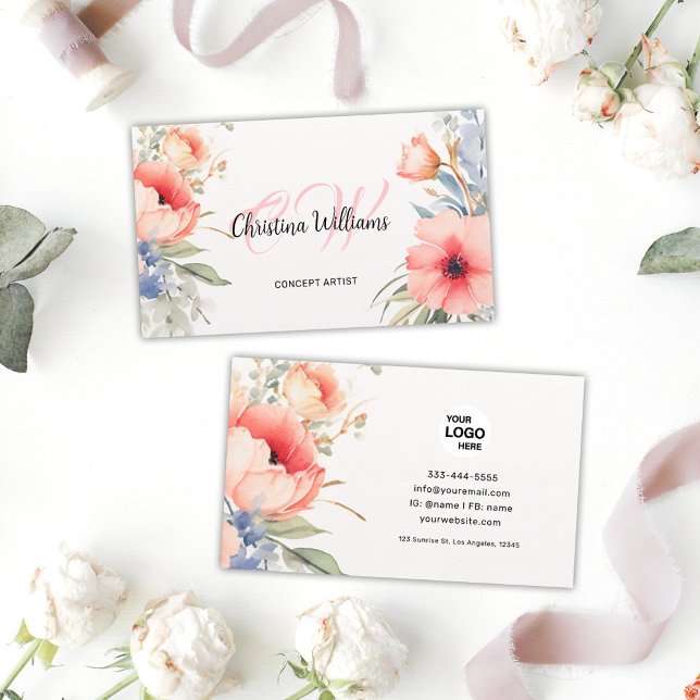 Unique Watercolor Floral Monogram Business Card (Unique Watercolor Floral Monogram Business Card)