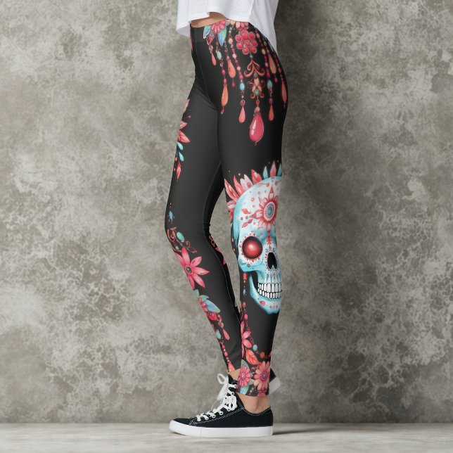 Unique Watercolor Floral Sugar Skull Halloween Leggings (Creator Uploaded)