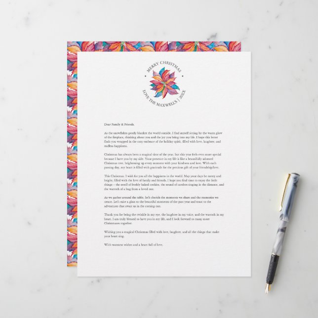 Unique Watercolor Poinsettia Christmas Letter Custom Letterhead (Front/Back In Situ)