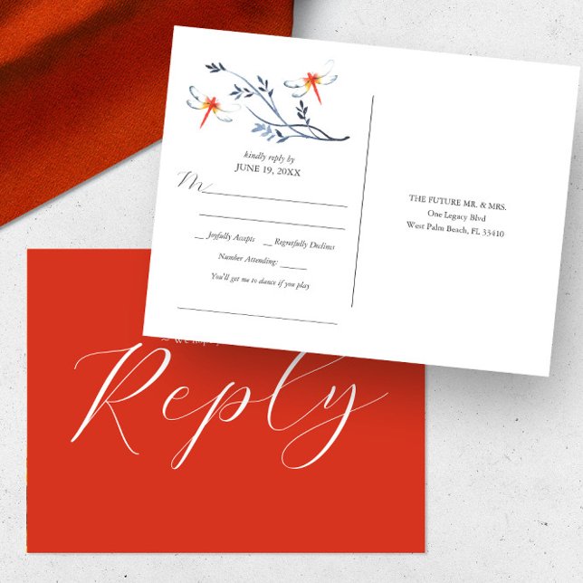 Unique Watercolor Wedding Song Request RSVP Postcard (Wedding rsvp postcard song request watercolor red dragonfly art by Victoria Grigaliunas)