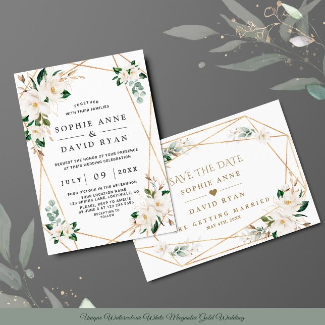 Unique Watercolour White Magnolia Gold Wedding Invitation (Creator Uploaded)