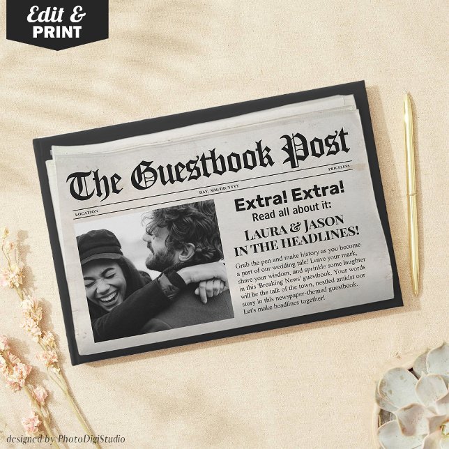 Unique Wedding Guestbook Black Newspaper Style  (Customizable Newspaper Wedding Guestbook)