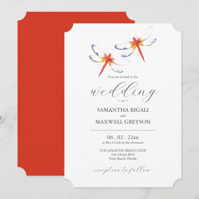 Unique Wedding Invitation Red Dragonflies (Front/Back)