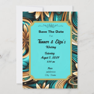 Unique Wedding Invite Blue Gold Swirls