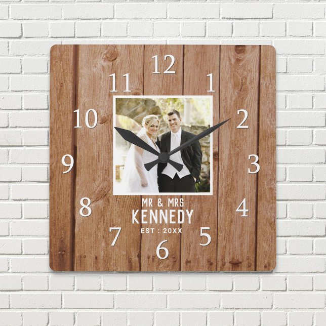 Unique Wedding Photo Anniversary Wood Personalized Square Wall Clock (Unique Wedding Photo Anniversary Wood Personalized Square Wall Clock)
