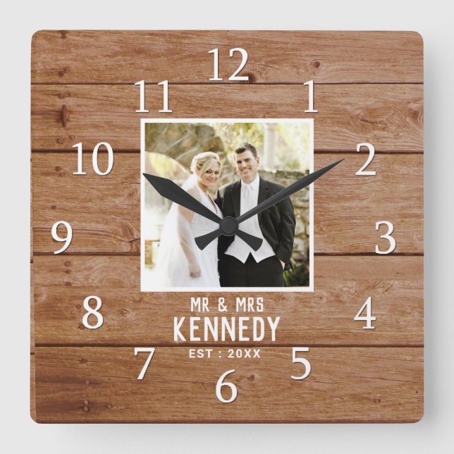 Unique Wedding Photo Anniversary Wood Personalized Square Wall Clock (Front)