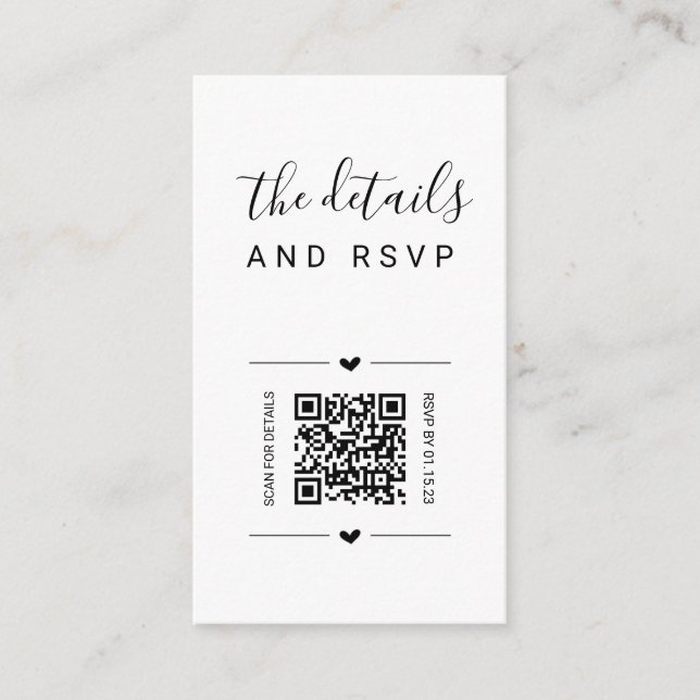 Unique Wedding QR Code RSVP & Details Card Insert (Front)