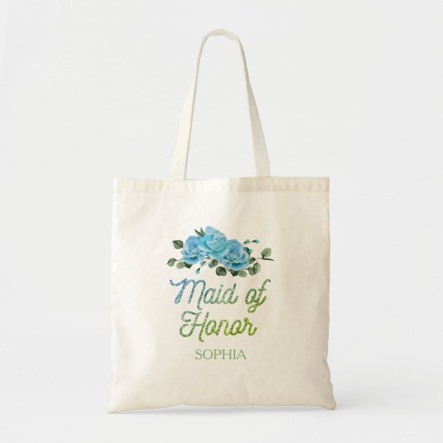 Unique Wedding Rustic Blue Roses Maid of Honour Tote Bag (Front)