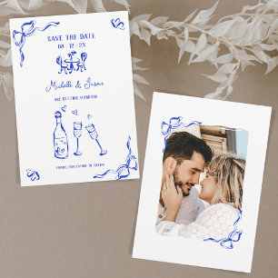 Unique Whimsical Blue Hand Drawn French Bow Photo Invitation