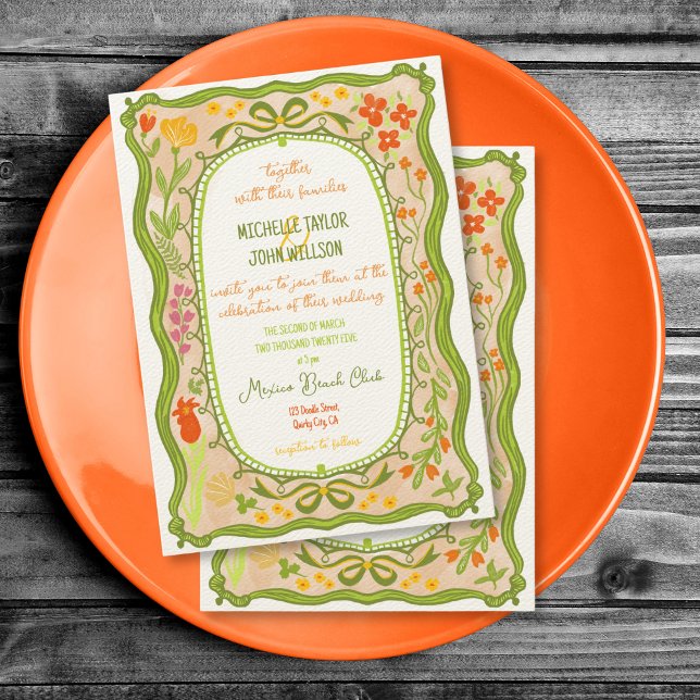 Unique Whimsical Floral Bow Doodle Hand Drawn  Invitation (whimsical floral hand drawn frame)