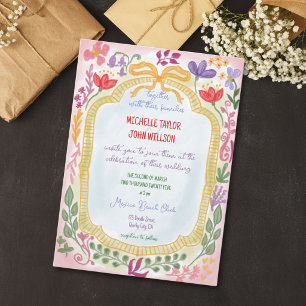 Unique Whimsical Floral Fun Colourful Hand Drawn Invitation